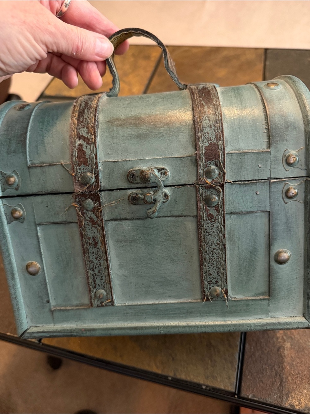 NWOT-Hobby Lobby Distressed Teal Decorative Wooden Trunk with Rustic Straps
